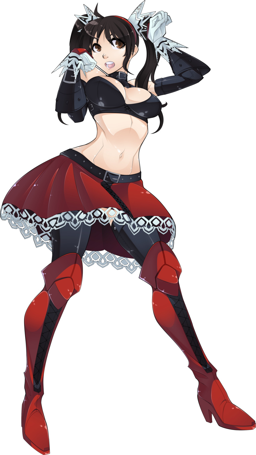 absurdres, black_legwear, boots, breasts, brown_eyes, brown_hair, collar, detached_sleeves, fighting_vipers, gloves, hairband, high_heels, highres, honey_(fighting_vipers), knee_boots, large_breasts, navel, original, shoes, skirt, slender_waist, spikewible, thigh-highs, thighhighs, transparent_background, twintails, vambraces
