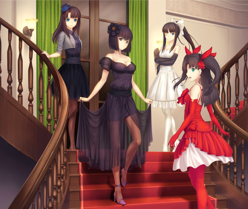 4girls, aqua_eyes, bare_shoulders, brown_hair, brown_legwear, elbow_gloves, evening_gown, fate/stay_night