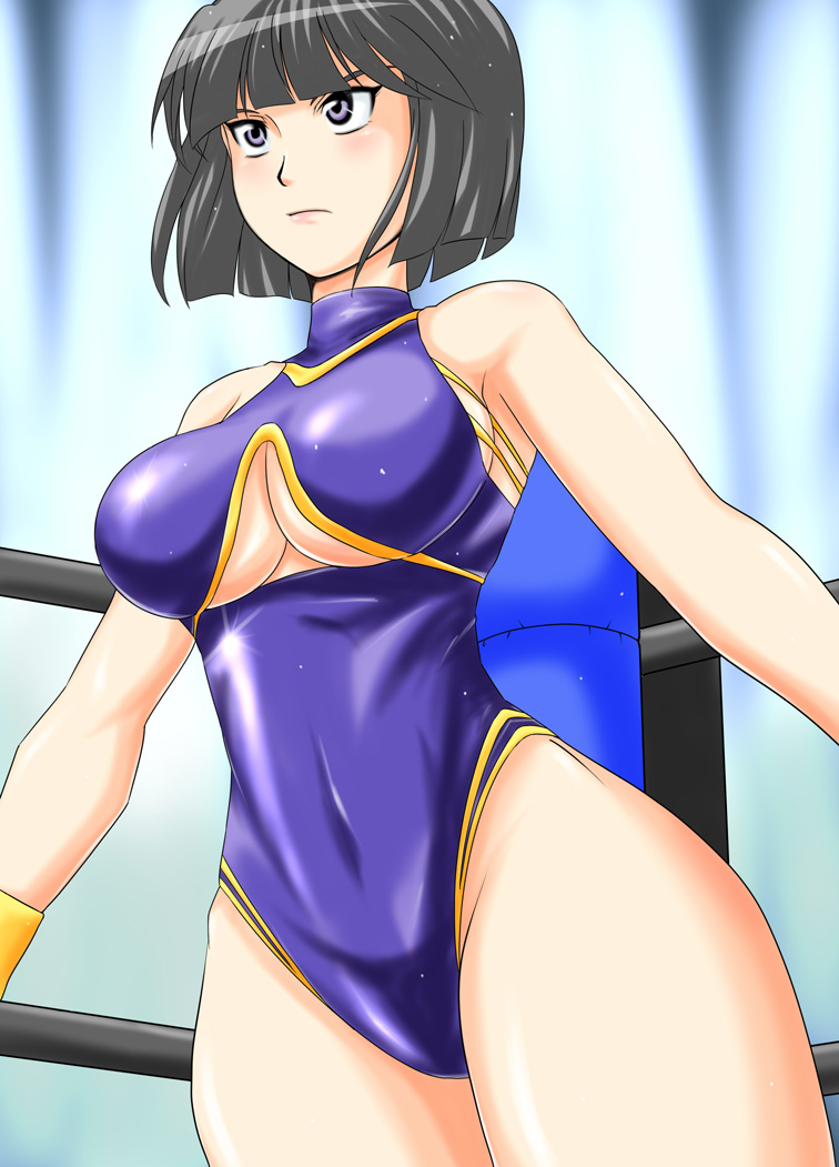 black_hair, bob_cut, breasts, cleavage, cleavage_cutout, leotard, lips, minami_toshimi