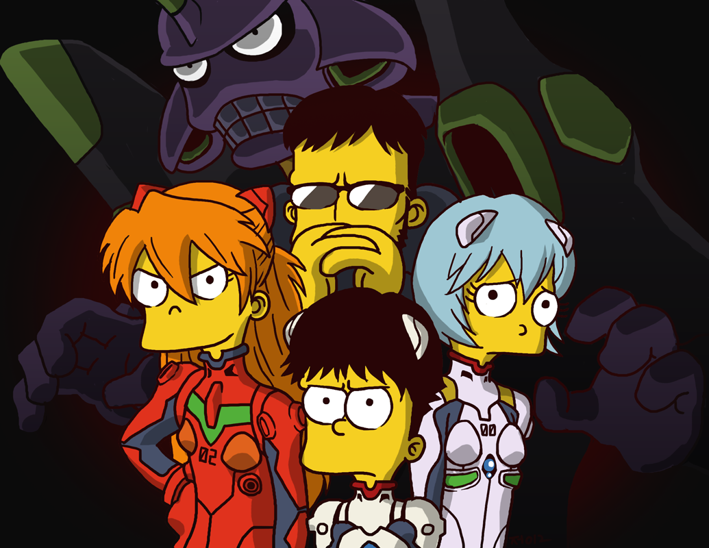 2boys, 2girls, age_difference, ayanami_rei, blue_hair, brown_hair, eva_01, father_and_son