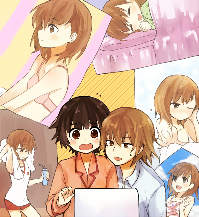blush, bra, computer, frilled_bikini, frills, gym_uniform, jenie, kakine_teitoku, laptop, lingerie, misaka_mikoto, notebook, pajamas, photo_(object), short_hair, swimsuit, tears, to_aru_kagaku_no_railgun, to_aru_majutsu_no_index, uiharu_kazari, underwear