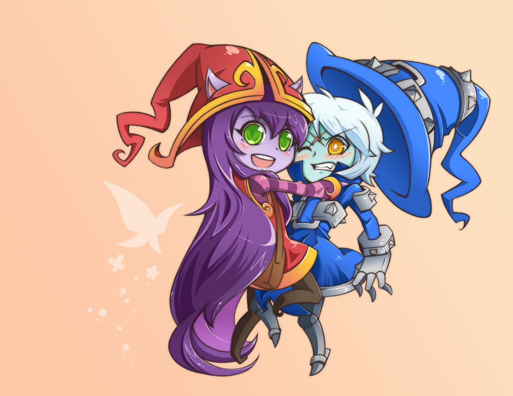 bag, blue_skin, blush, chibi, dress, gauntlets, green_eyes, hat, hug, league_of_legends, long_hair, lulu_(league_of_legends), purple_hair, purple_skin, purse, short_hair, striped, veigar, white_hair, wince, witch_hat, yan531, yellow_eyes