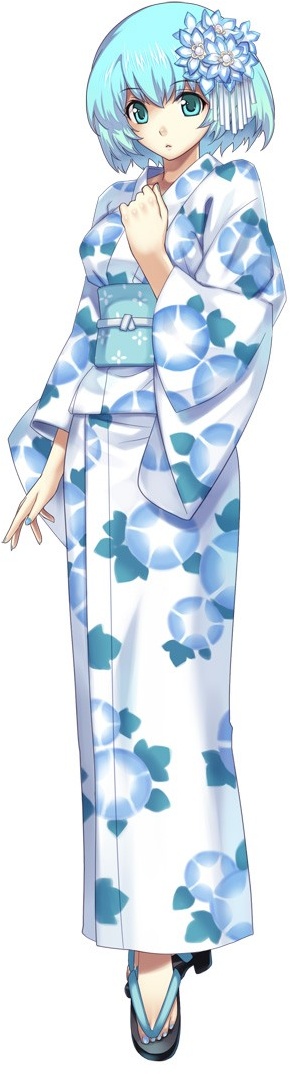 alternate_costume, blue_eyes, blue_hair, cross_edge, feet, floral_print, flower, gust