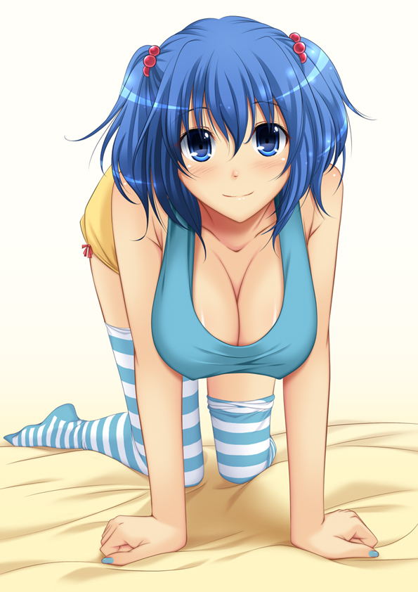 all_fours, bed, blue_eyes, blue_hair, breasts, chiro, cleavage, contemporary