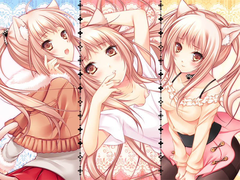 black_legwear, blush, breasts, cat_ears, endyy, finger_to_mouth, long_hair, open_mouth