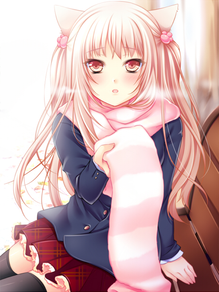 animal_ears, bench, black_legwear, blonde_hair, blush, breath, cat_ears, endyy