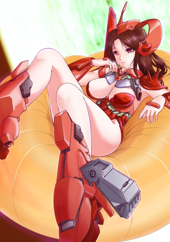 breasts, brown_hair, gundam, marasai, mecha_musume, mori_chu, personification, pink_eyes