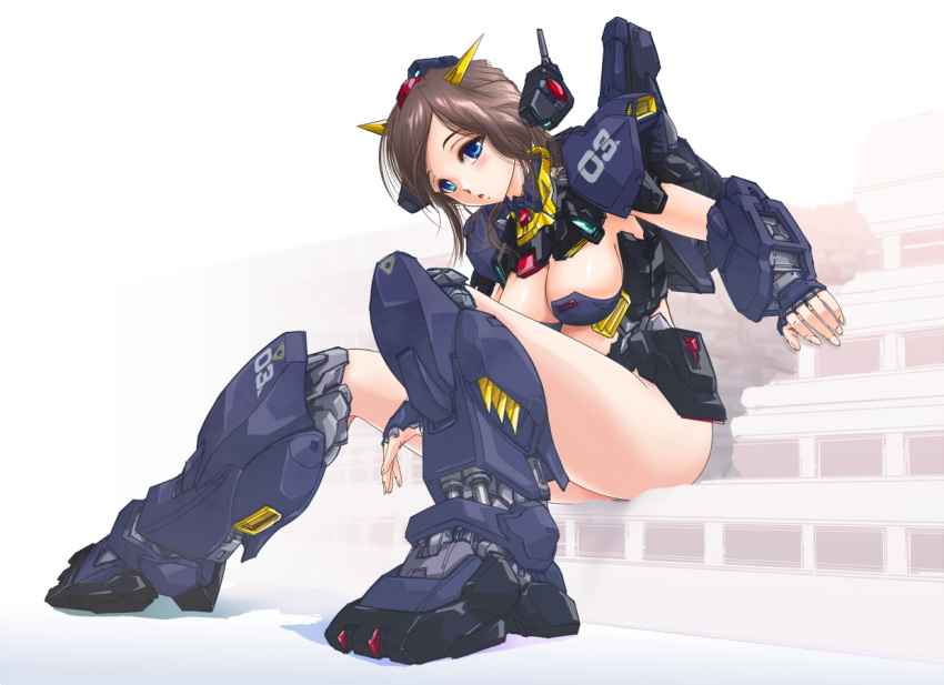 blue_eyes, blush, breasts, brown_hair, giantess, gundam, gundam_mk_ii, looking_at_viewer