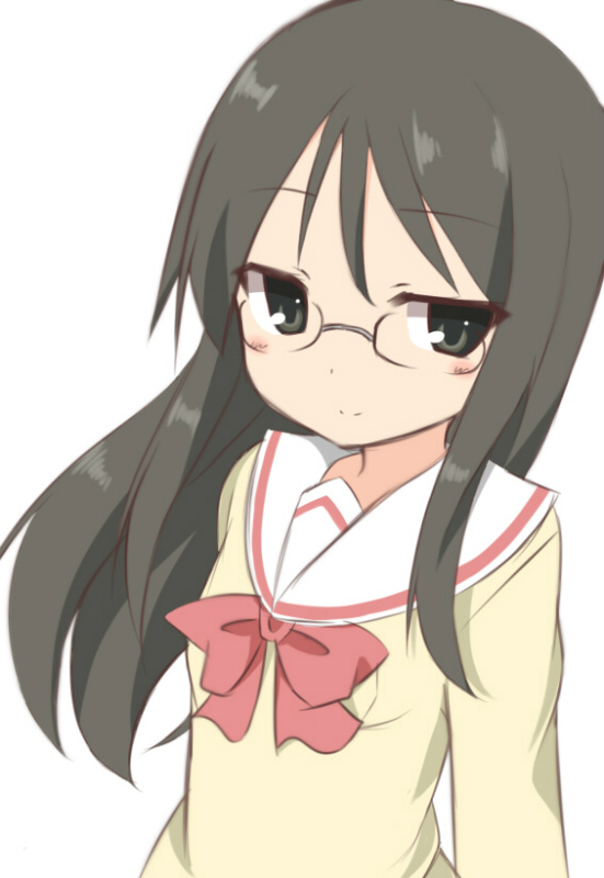 black_eyes, black_hair, bow, bust, glasses, kou89, long_hair, long_sleeves
