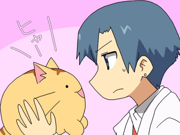 animal, blue_eyes, blue_hair, cat, crossover, earrings, eye_contact, holding