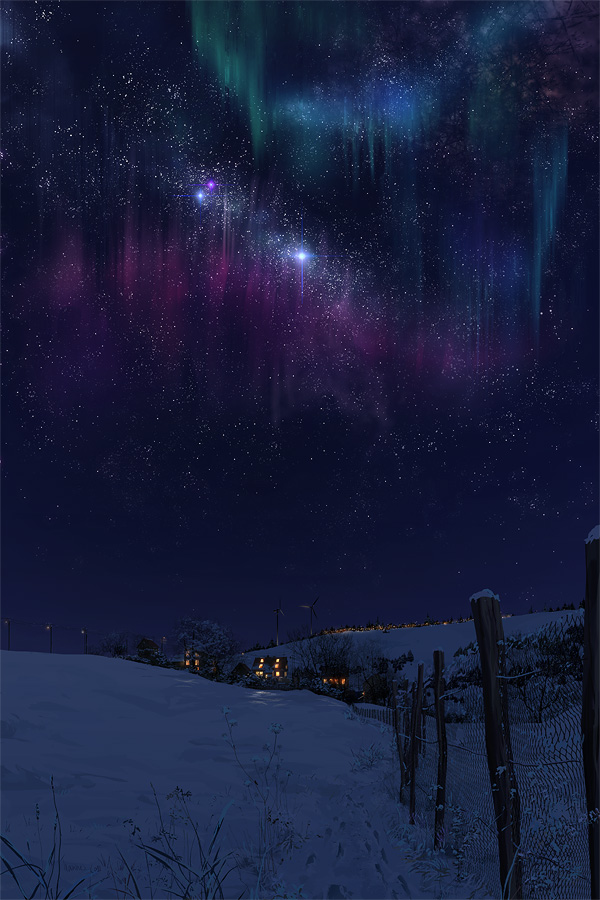 chainlink_fence, city_lights, field, footprints, house, johannes_voss, lamppost, lights