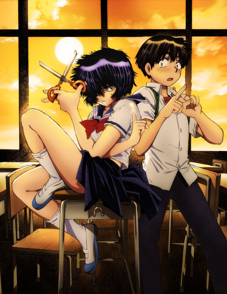 1girl, akira_tsubaki, black_hair, chair, desk, hair_over_one_eye, knee_up, konishi_ken'ichi, nazo_no_kanojo_x, official_art, on_table, open_mouth, saliva, school_uniform, scissors, serafuku, shoes, short_hair, sitting, sitting_on_desk, skirt, socks, sun, tsubaki_akira, twilight, urabe_mikoto, uwabaki, white_legwear