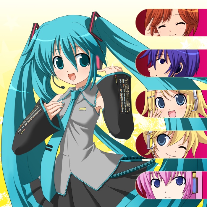 2boys, 4girls, aqua_eyes, aqua_hair, blue_eyes, closed_eyes, ginko_(konekonoshippo), hatsune_miku