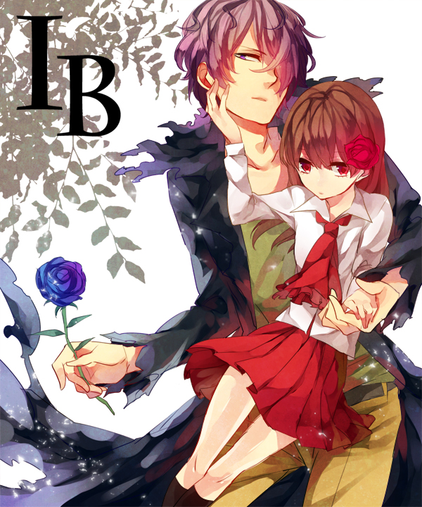 1girl, blue_rose, brown_hair, coat, eve_(ib), flower, garry_(ib), gary_(ib)