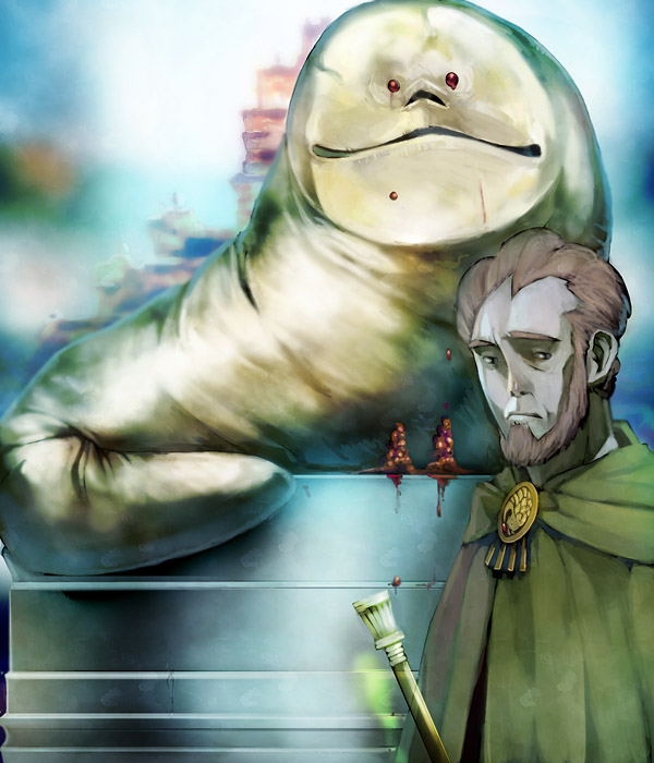 1boy, beard, black_eyes, blood, bloody_tears, brown_hair, evagh_the_warlock, facial_hair, lovecraft, monster, noto, rlim_shaikorth, robe, sorcerer, the_coming_of_the_white_worm, wand, worms