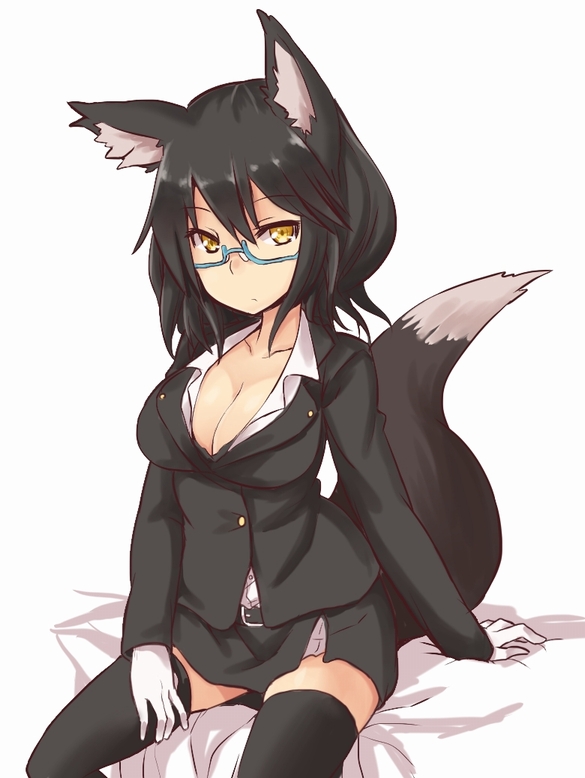 animal_ears, binsen, black_bra, black_hair, black_legwear, blue-framed_glasses, bra, breasts
