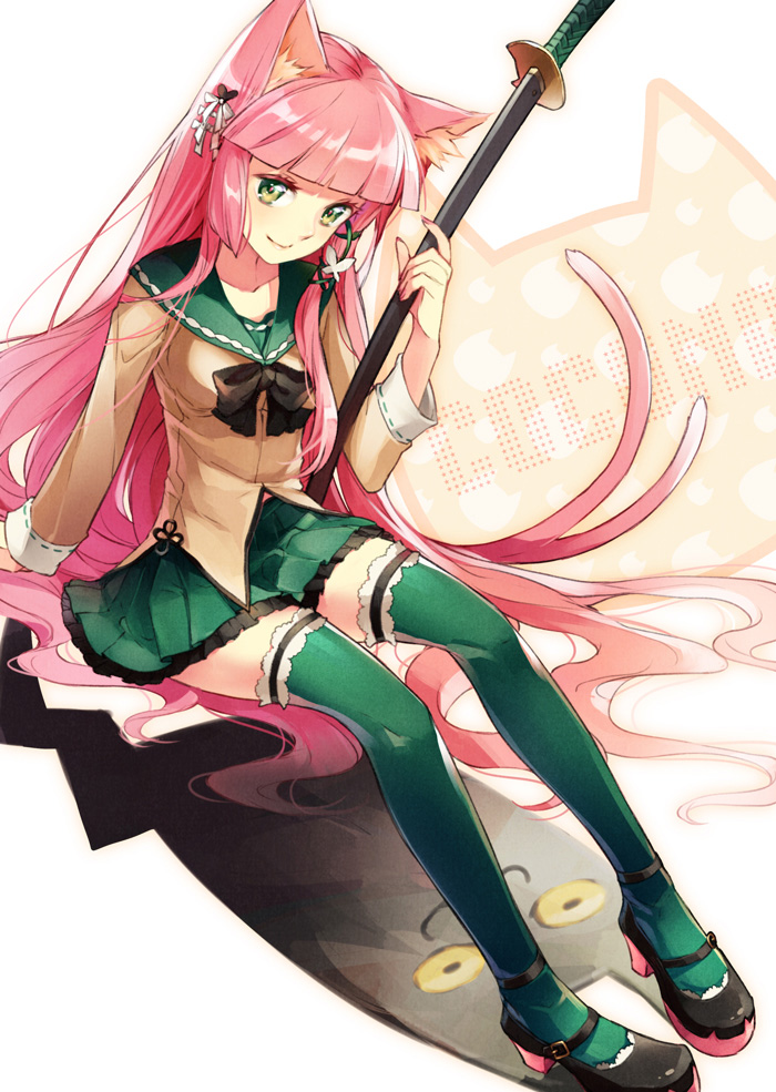 animal_ears, bow, butterfly_hair_ornament, cat_ears, cat_gloves, cat_tail, green_eyes, green_legwear