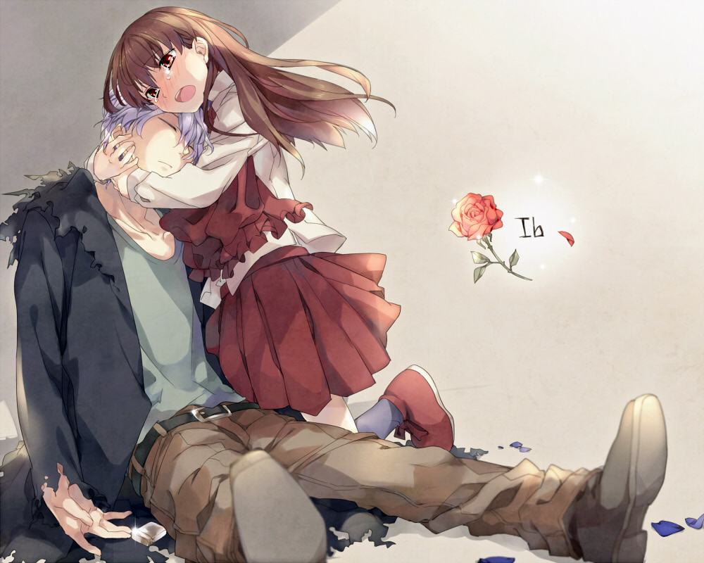 1girl, brown_hair, coat, ekoo, eve_(ib), flower, garry_(ib), gary_(ib)