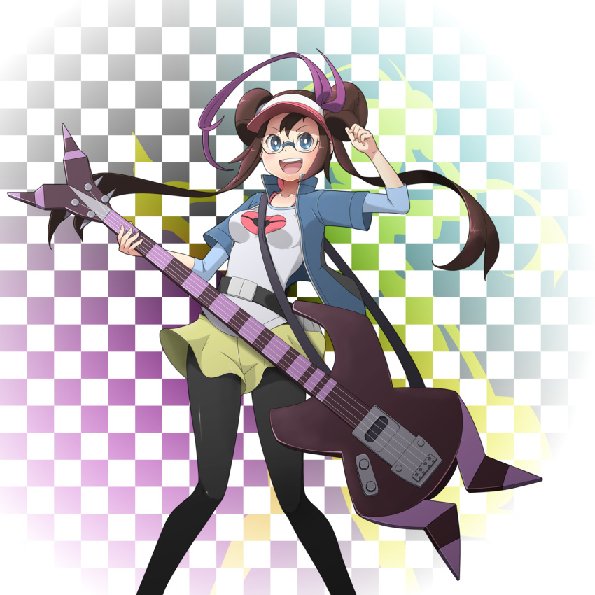 bass_guitar, bespectacled, blue_eyes, brown_hair, checkered, checkered_background, double_bun, electric_guitar