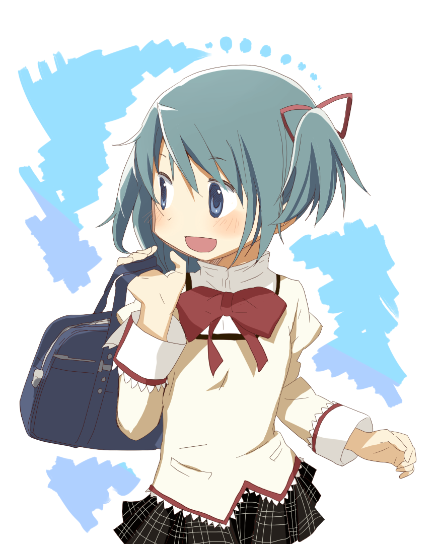 alternate_hairstyle, bad_id, bag, blue_eyes, blue_hair, bow, hair_ribbon, itou_mikan, long_sleeves, looking_back, mahou_shoujo_madoka_magica, miki_sayaka, open_mouth, pi_suhonnkidasu, ribbon, school_uniform, short_hair, side_ponytail, skirt, solo