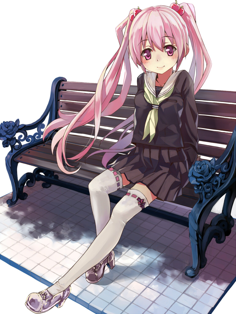 bench, hatsune_miku, high_heels, long_hair, looking_at_viewer, pink_eyes, pink_hair, sakura_miku