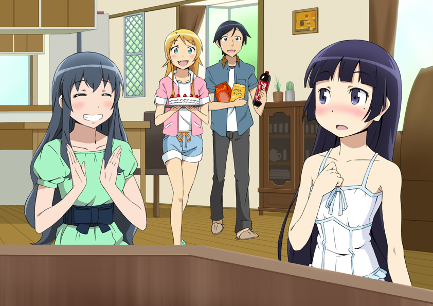 1boy, 3girls, :d, ^_^, akasha_(dream), black_hair, black_pants, blonde_hair, blue_eyes, blue_hair, blue_jacket, blue_shorts, blush, bottle, cactus, cake, chair, clapping, clenched_teeth, closed_eyes, coca-cola, dress, eyes_closed, food, full_body, gokou_ruri, green_dress, green_shoes, grin, holding_bottle, holding_cake, kousaka_kirino, kousaka_kyousuke, long_hair, makishima_saori, mole, multiple_girls, no_socks, open_eyes, open_mouth, orange_hair, ore_no_imouto_ga_konna_ni_kawaii_wake_ga_nai, pink_jacket, plant, puffy_sleeves, shorts, sleeveless, sleeveless_shirt, smile, snack, strap, table, teeth, walking, window
