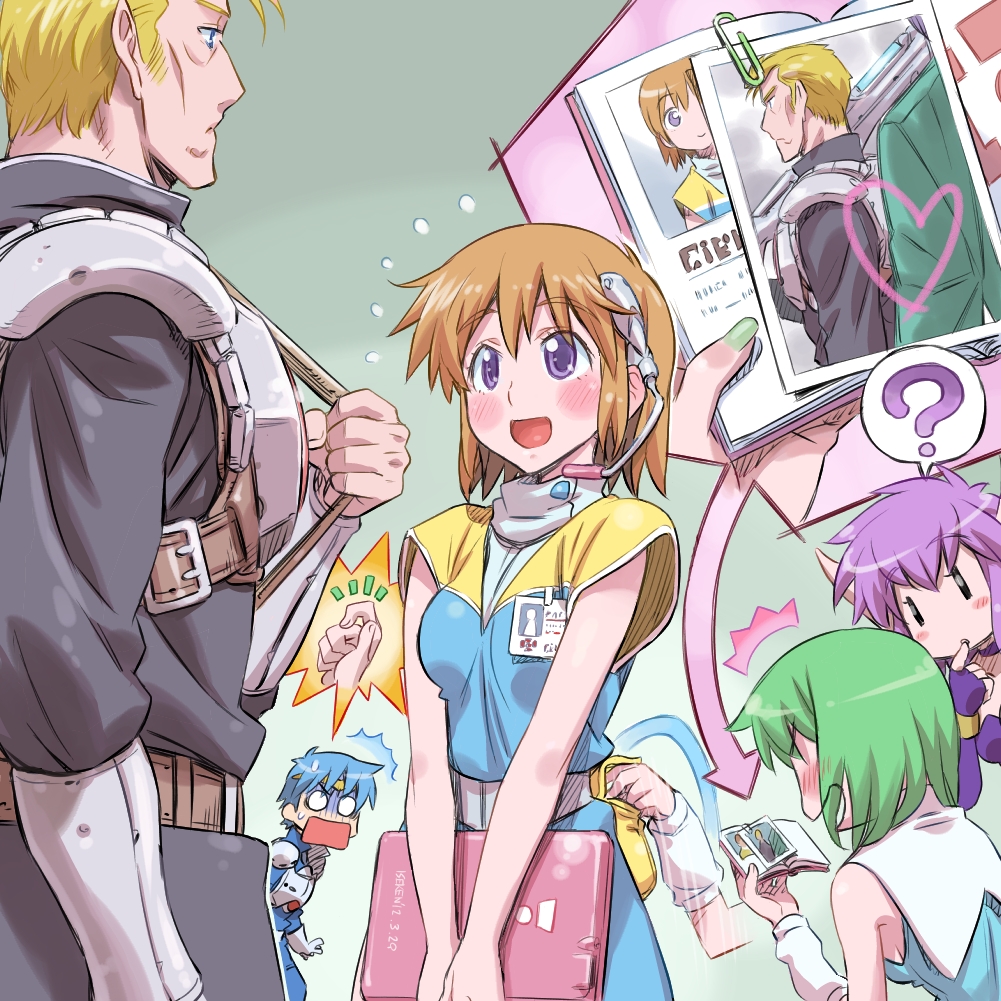 ?, blush, brown_hair, eusis_landale, finger_to_mouth, headset, isedaichi_ken, nei