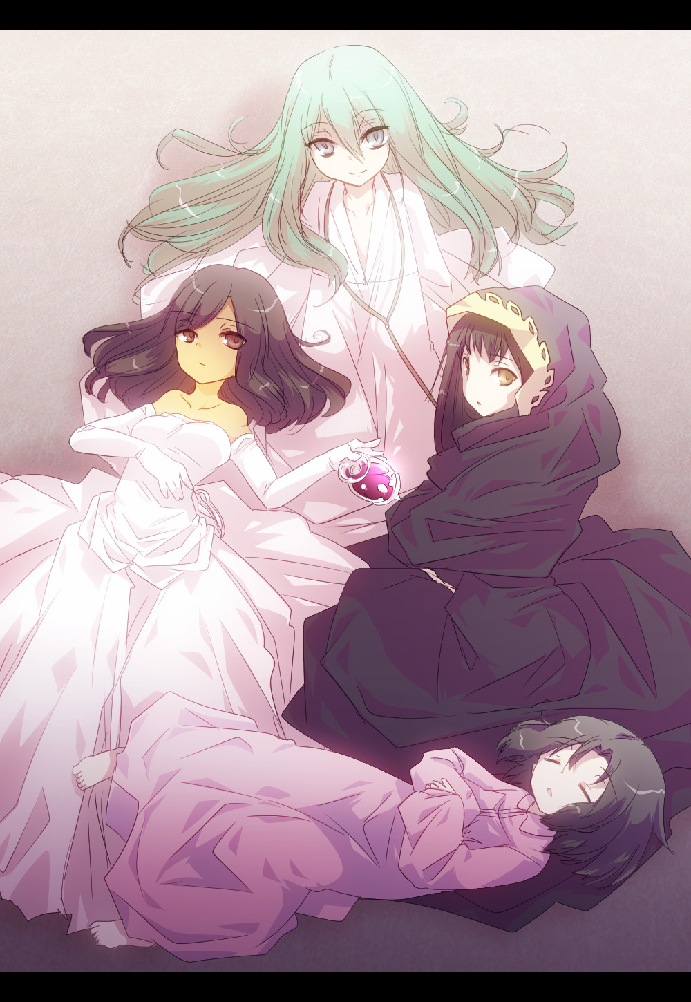 2boys, 2girls, 3girls, androgynous, assassin_(fate/strange_fake), bare_shoulders, brown_eyes, brown_hair