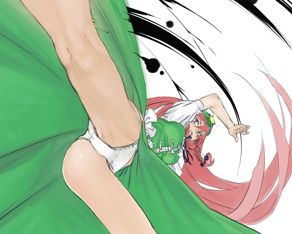 bow, braid, from_below, hair_bow, hat, hong_meiling, leg_up, long_hair, muhamado, panties, pantyshot, red_hair, redhead, solo, touhou, underwear, upskirt, white_panties