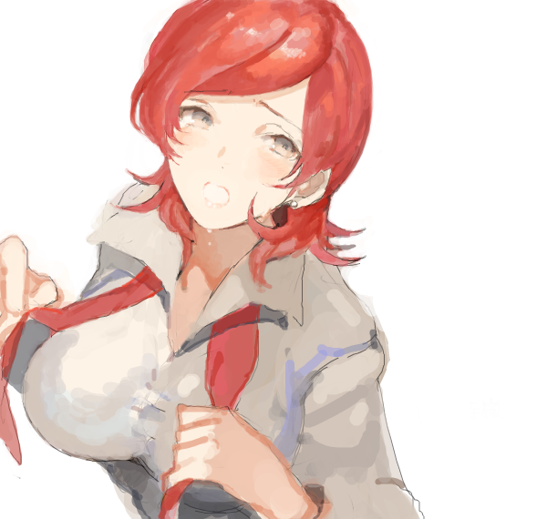 breasts, brown_eyes, fate/zero, fate_(series), large_breasts, potatozoo, red_hair, redhead, ribbon, short_hair, simple_background, sola-ui_nuada-re_sophia-ri, solo, tegaki, undressing, white_background