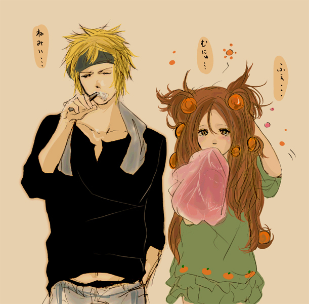 1boy, 1girl, black_shirt, blonde_hair, blush, brown_hair, fuki_raito, green_shirt