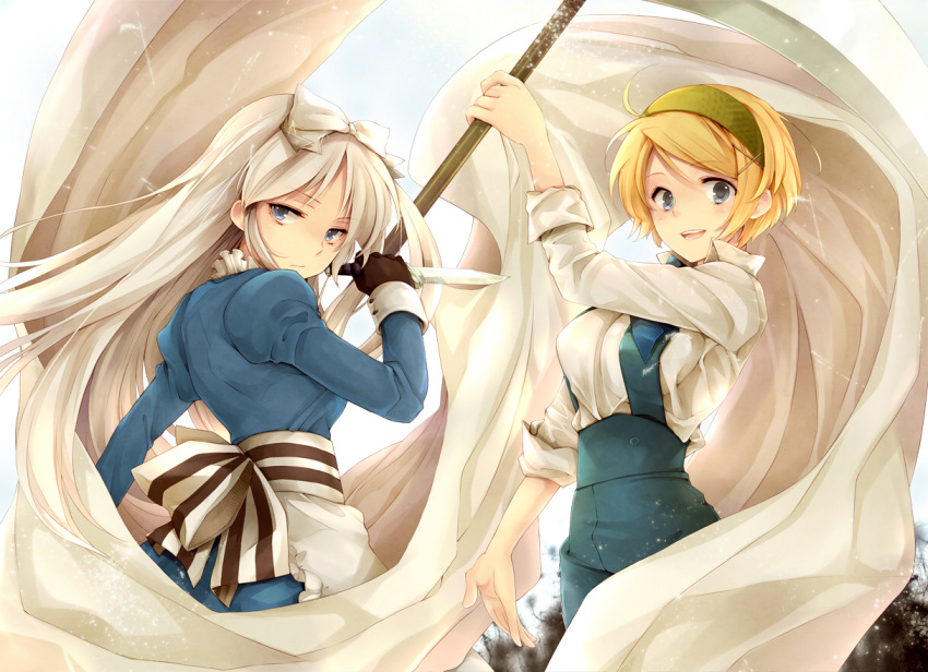 axis_powers_hetalia, bad_id, belarus_(hetalia), blonde_hair, fujita_yamari, gloves, hair_ribbon, hairband, knife, long_hair, multiple_girls, polearm, ribbon, short_hair, silver_hair, sleeves_folded_up, ukraine_(hetalia), weapon