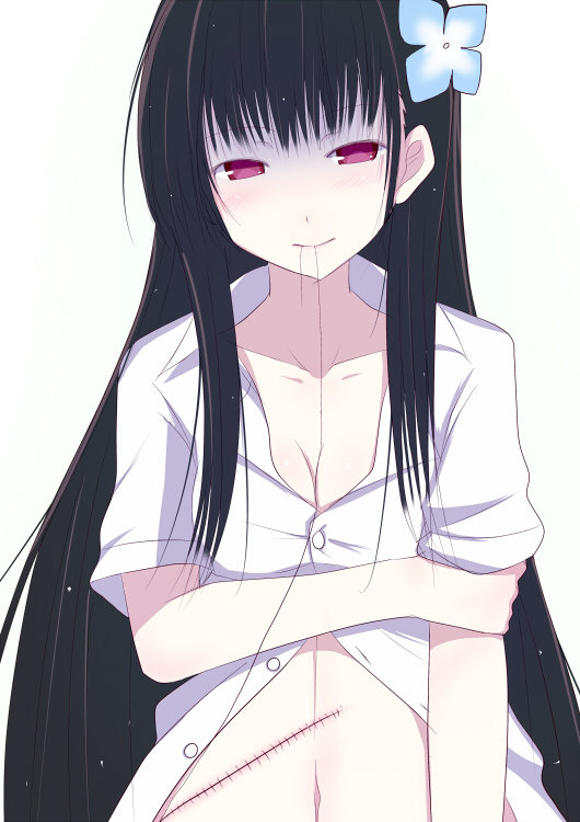 black_hair, breasts, cleavage, der_(derm9), dress_shirt, flower, hair_flower, hair_in_mouth