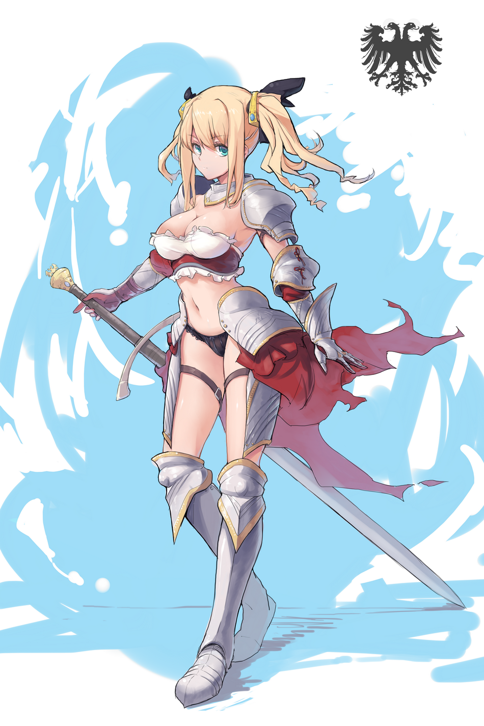 armor, bikini_armor, black_panties, blonde_hair, blue_eyes, breasts, cleavage, detached_sleeves