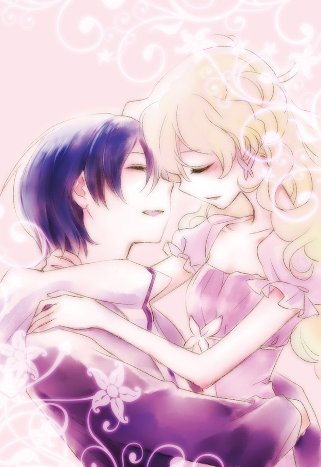 1girl, alternate_costume, blonde_hair, blue_hair, closed_eyes, couple, eyes_closed, hug