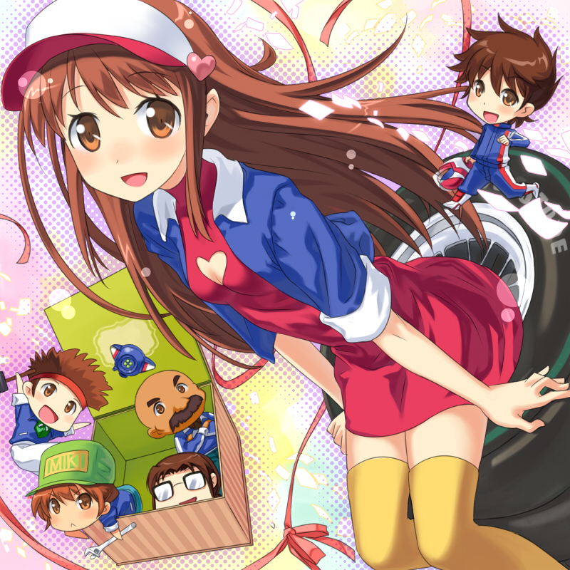 4boys, 90s, blush, box, brown_eyes, brown_hair, buntan, character_request, cleavage_cutout, cropped_jacket, future_gpx_cyber_formula, halftone, halftone_background, hat, headwear_removed, heart, heart_cleavage_cutout, heart_cutout, helmet, helmet_removed, in_box, in_container, jacket, jounouchi_miki, kazami_hayato, long_hair, looking_at_viewer, multiple_boys, multiple_girls, pink_ribbon, racing_suit, ribbon, short_jacket, sitting, sitting_on_object, sleeves_rolled_up, smile, sugou_asuka, thigh-highs, thighhighs, tire, visor_cap, yellow_legwear, zettai_ryouiki