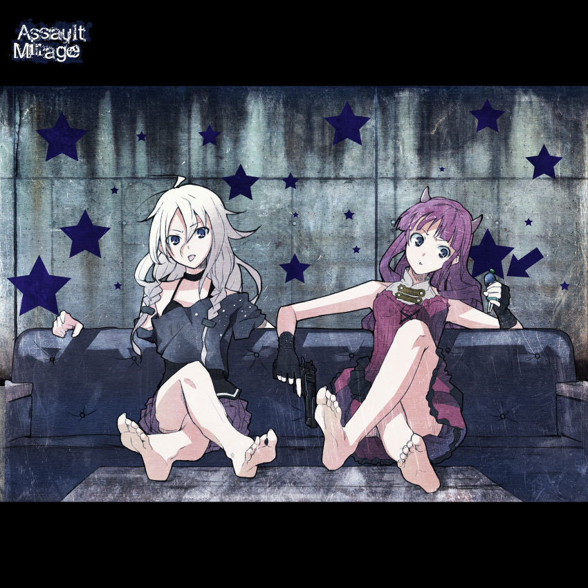 :p, absurdres, ahoge, aoki_lapis, assault_mirage_(vocaloid), bare_shoulders, barefoot, blonde_hair, blue_eyes, braid, couch, desert_eagle, directional_arrow, feet, fingerless_gloves, gloves, gun, hakaine_maiko, handgun, highres, horns, ia_(vocaloid), letterboxed, long_hair, looking_at_viewer, maiko_hakaine, minigirl, multiple_girls, off_shoulder, purple_eyes, purple_hair, sitting, skirt, soles, tongue, tourmaline, twin_braids, utau, violet_eyes, vocaloid, weapon, yada_ei