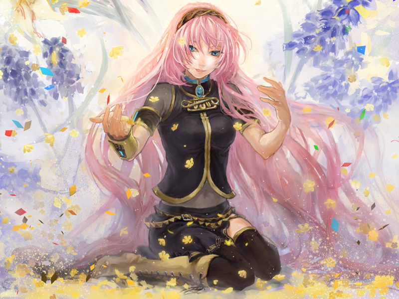 aqua_eyes, boots, flower, hairband, long_hair, looking_at_viewer, megurine_luka, petals