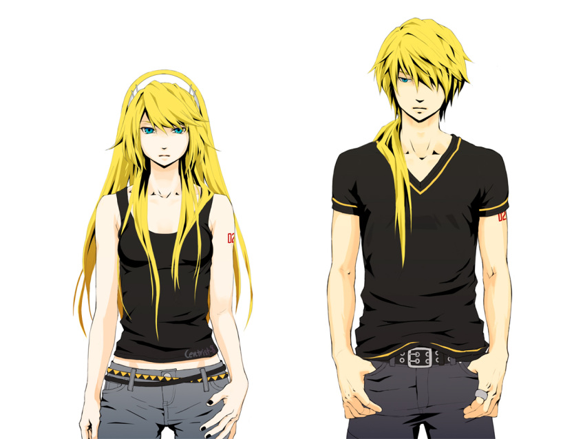 1girl, alternate_hairstyle, aqua_eyes, bare_shoulders, belt, blonde_hair, brother_and_sister, casual, centrist_8, hairband, kagamine_len, kagamine_rin, long_hair, looking_at_viewer, nail_polish, ponytail, siblings, simple_background, tank_top, twins, vocaloid