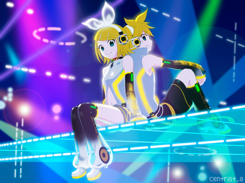 1girl, aqua_eyes, arm_warmers, back-to-back, blonde_hair, brother_and_sister, centrist_8, hair_ornament