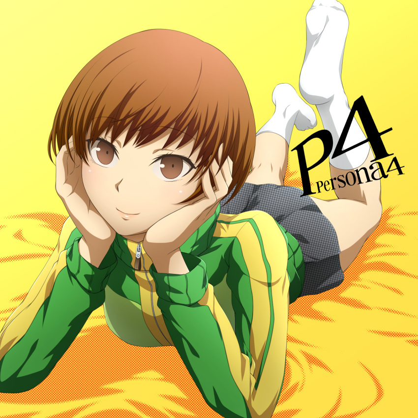 brown_eyes, brown_hair, feet, highres, jacket, kokutou, looking_at_viewer, lying