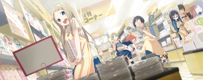 6+girls, :o, apron, black_hair, black_legwear, blue_eyes, blurry, book_stack