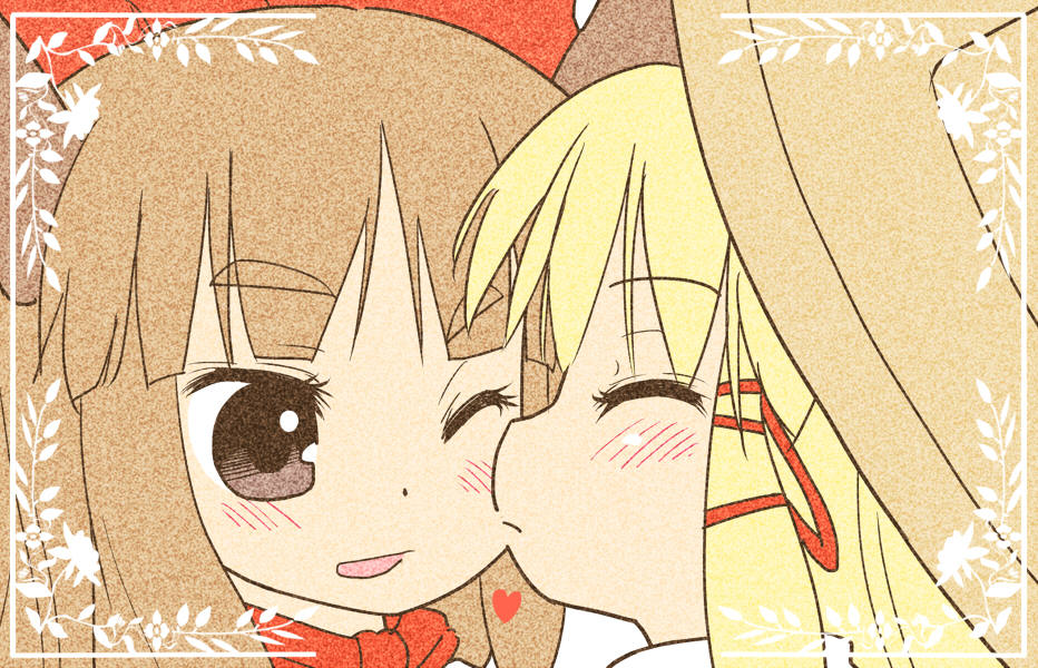 blonde_hair, blush, brown_hair, cheek_kiss, closed_eyes, eyebrows, eyes_closed, hat