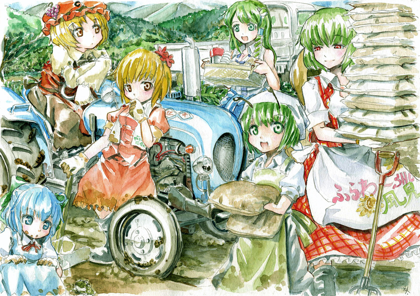 :d, aki_minoriko, aki_shizuha, antennae, blonde_hair, blue_eyes, blue_hair, bow