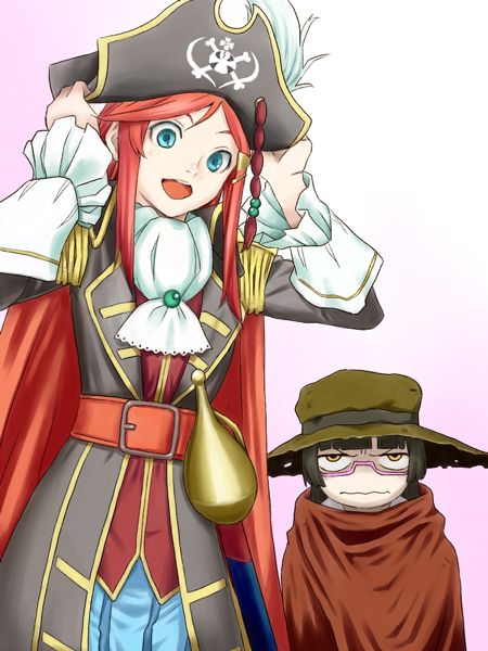 :d, belt, black_hair, blue_eyes, blush, chiaki_kurihara, cravat, emeraldas, epaulettes, glasses, hair_ornament, hairclip, harlock_saga, hat, hat_feather, katou_marika, long_hair, miniskirt_pirates, multiple_girls, ooyama_toshiro, open_mouth, oyama_tochiro, pink_hair, pirate, pirate_hat, queen_emeraldas, saber_(weapon), skull_and_crossbones, smile, space_pirate, sword, weapon, zanpan526