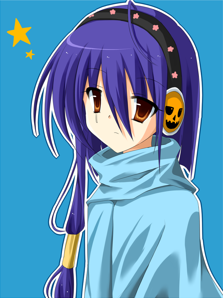 ahoge, brown_eyes, cape, headphones, olympia, purple_hair, remoyona, sekaiju_no_meikyuu