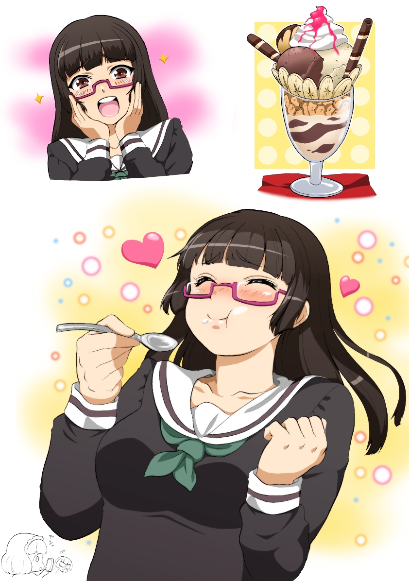 1girl, :d, black_hair, blush, breasts, brown_eyes, chiaki_kurihara, chibi
