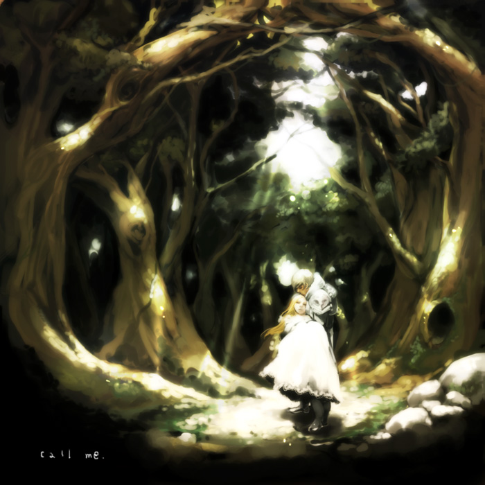 1girl, armor, aromor, blonde_hair, dress, forest, long_hair, nature