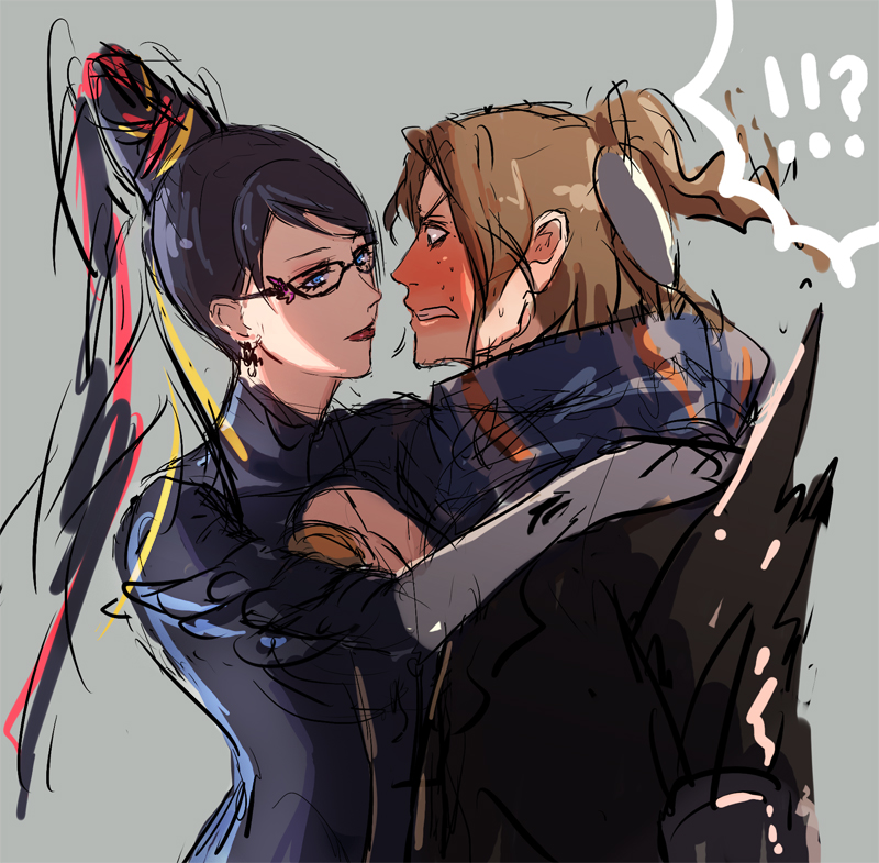 !!?, 1boy, 1girl, amulet, bad_id, bayonetta, bayonetta_(character), black_eyes