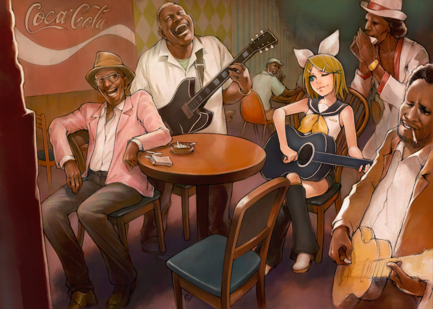 blonde_hair, bow, cigarette, coca-cola, crossed_legs, dark_skin, electric_guitar, glasses